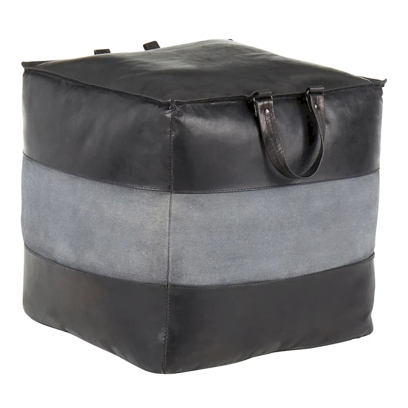 Carbon Loft Najah Industrial Pouf Ottoman in Leather and Canvas