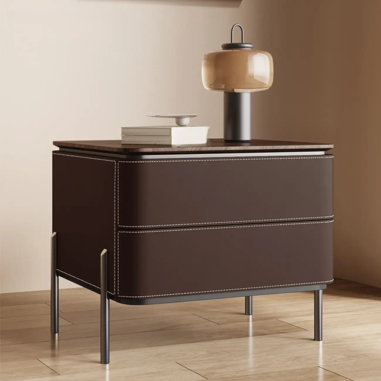 Modern Wood Top Leather Drawer Nightstand Including Metal Legs