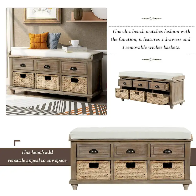 TREXM Rustic Storage Bench with Drawers and Rattan Baskets