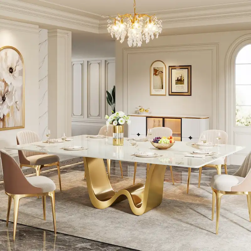 79 Modern Dining Table for 8 Rectangle Dining Table, Luxury White & Gold Kitchen Table with Sintered Stone