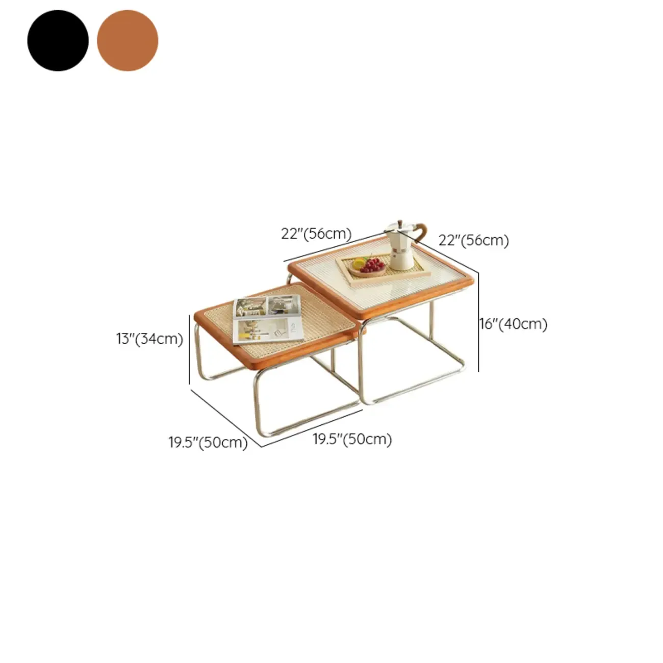 Cherry Finish Rattan Glass Square Nesting Coffee Table