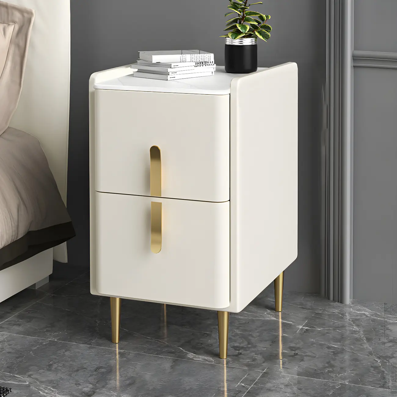 Glam Night Table with 2 Drawers – Off-White Finish