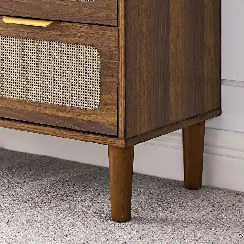Grondin Mid-Century Modern Boho Style 3 Rattan Drawers Chest with MDF Frame and Solid Wood Legs, Chest of Drawers