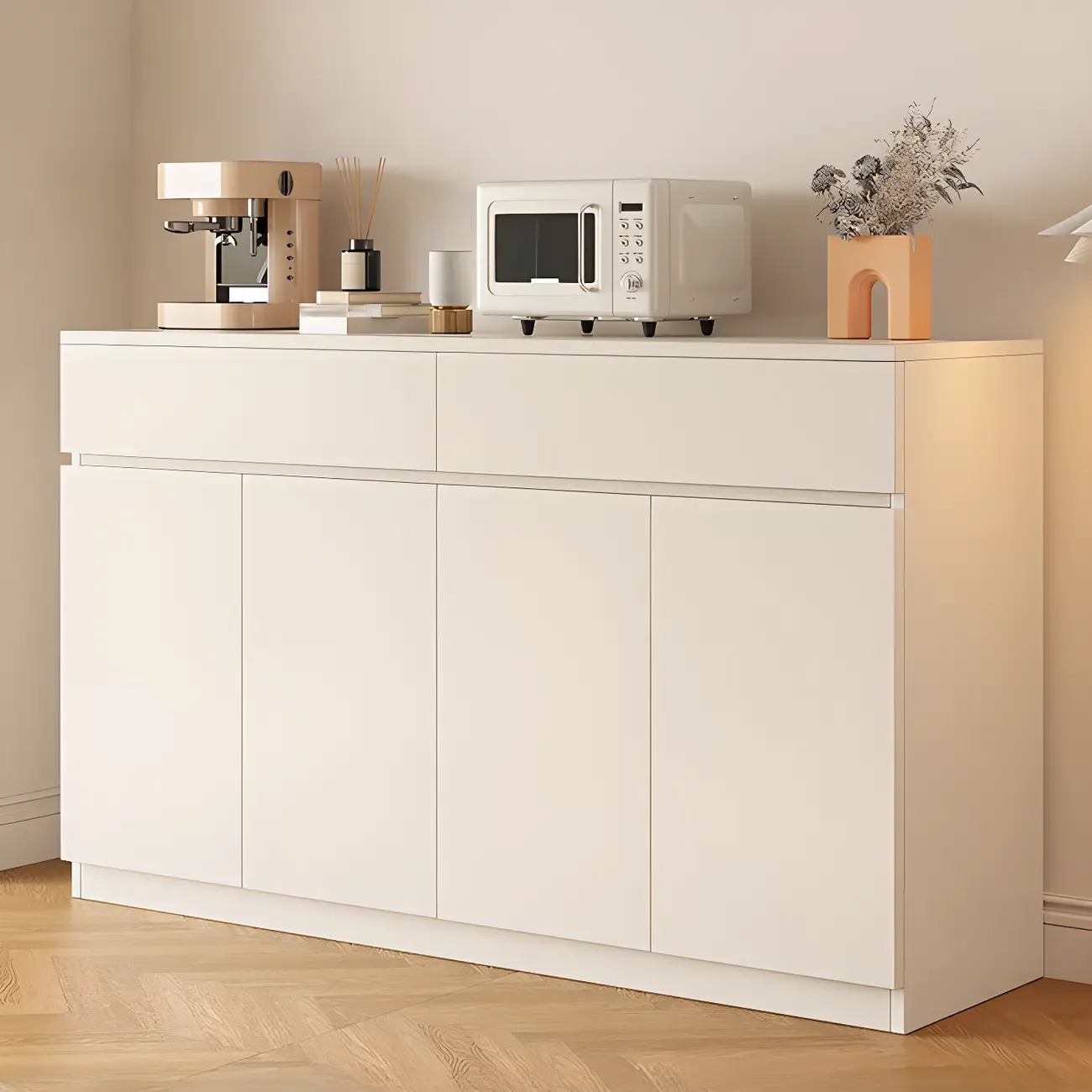 White Wooden Credenza with Drawers and Cabinets