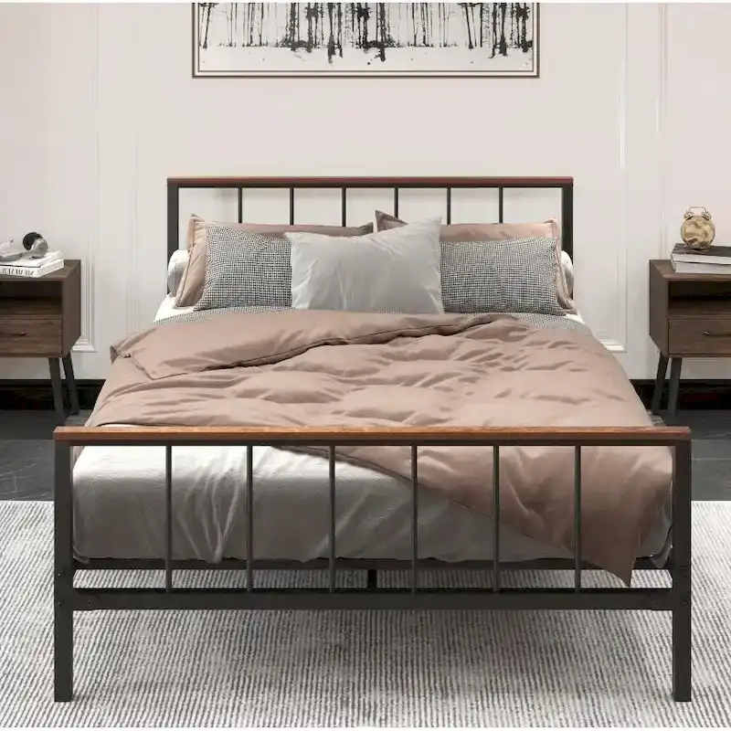 Black Metal Queen Size Platform Bed Frame with Headboard and Footboard, Sturdy Construction, No Box Spring Needed, Queen