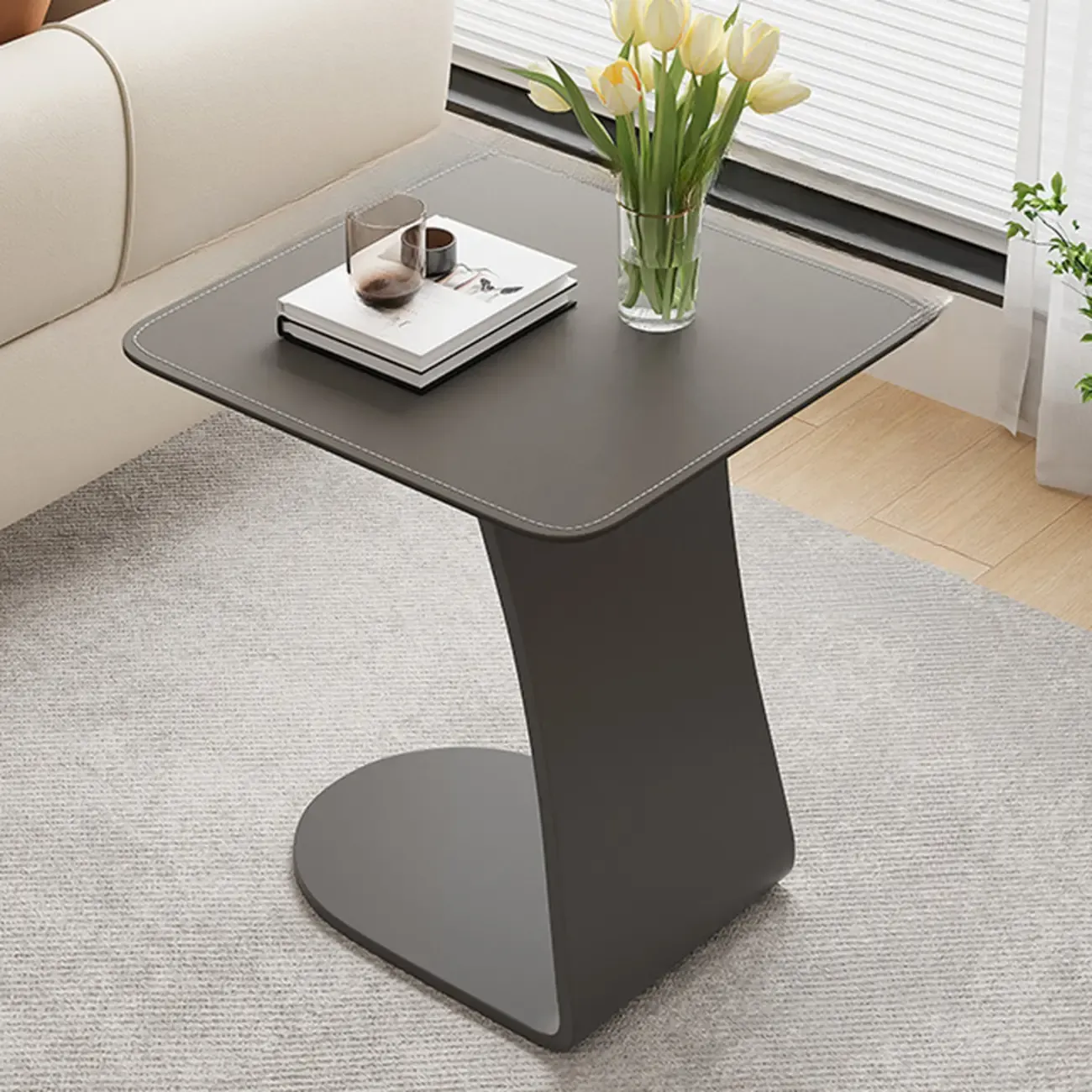 HomeyFad Square Leather Top C-Shape Metal Side Table