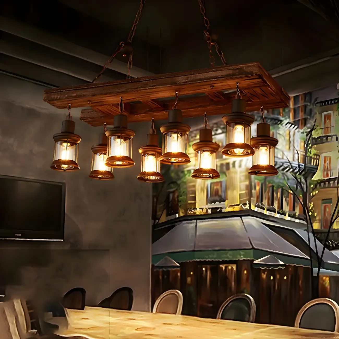 Industrial Farmhouse Metal Wood Rectangular Chandelier