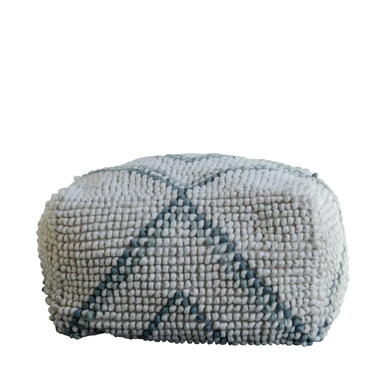 Cream/Grey/Teal Wool & Cotton Round Pouf Ottoman, 24"W x 16"H, 1-Person, 250 lbs Capacity