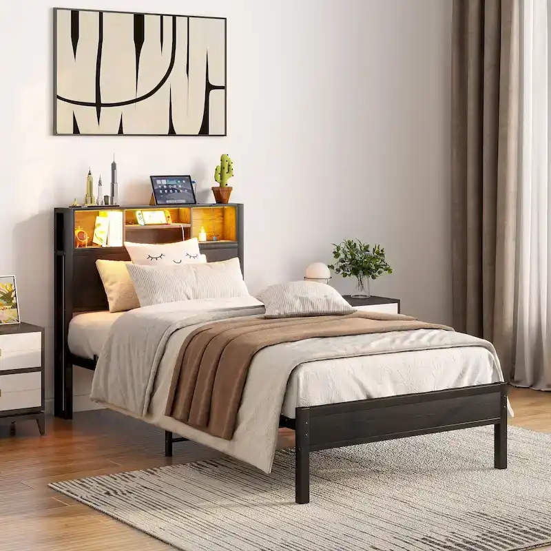 Twin Size Metal Platform Bed with Storage Headboard and Charger