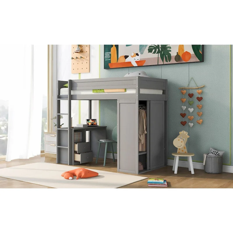 Wood Twin Size Loft Bed with Wardrobes and 2-Drawer Desk with Cabinet, Full-Length Guardrail Top Bunk for Kids Teens