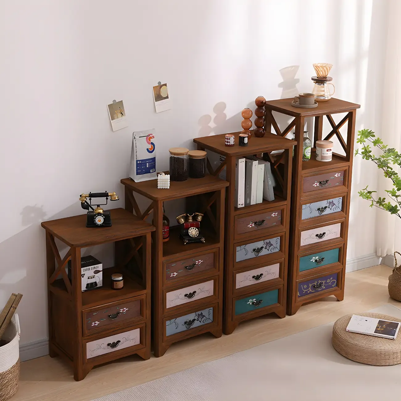 Industrial Rectangular Brown Wooden Drawer Cabinet