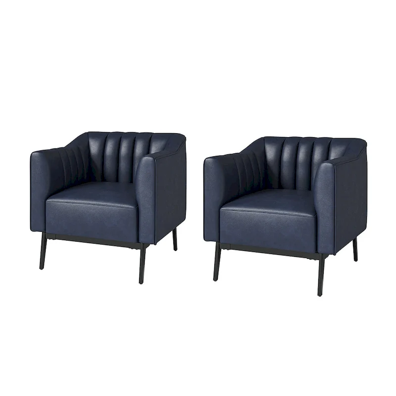 Channel Tufted PU Leather Accent Chair, Navy/Grey/Camel/Brown/Black, Metal Legs, Set of 2