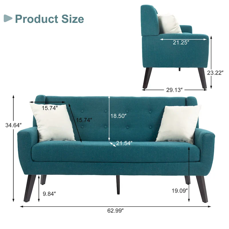 Modern Curved 63 Button Tufted Upholstered Loveseat with 2 Pillows