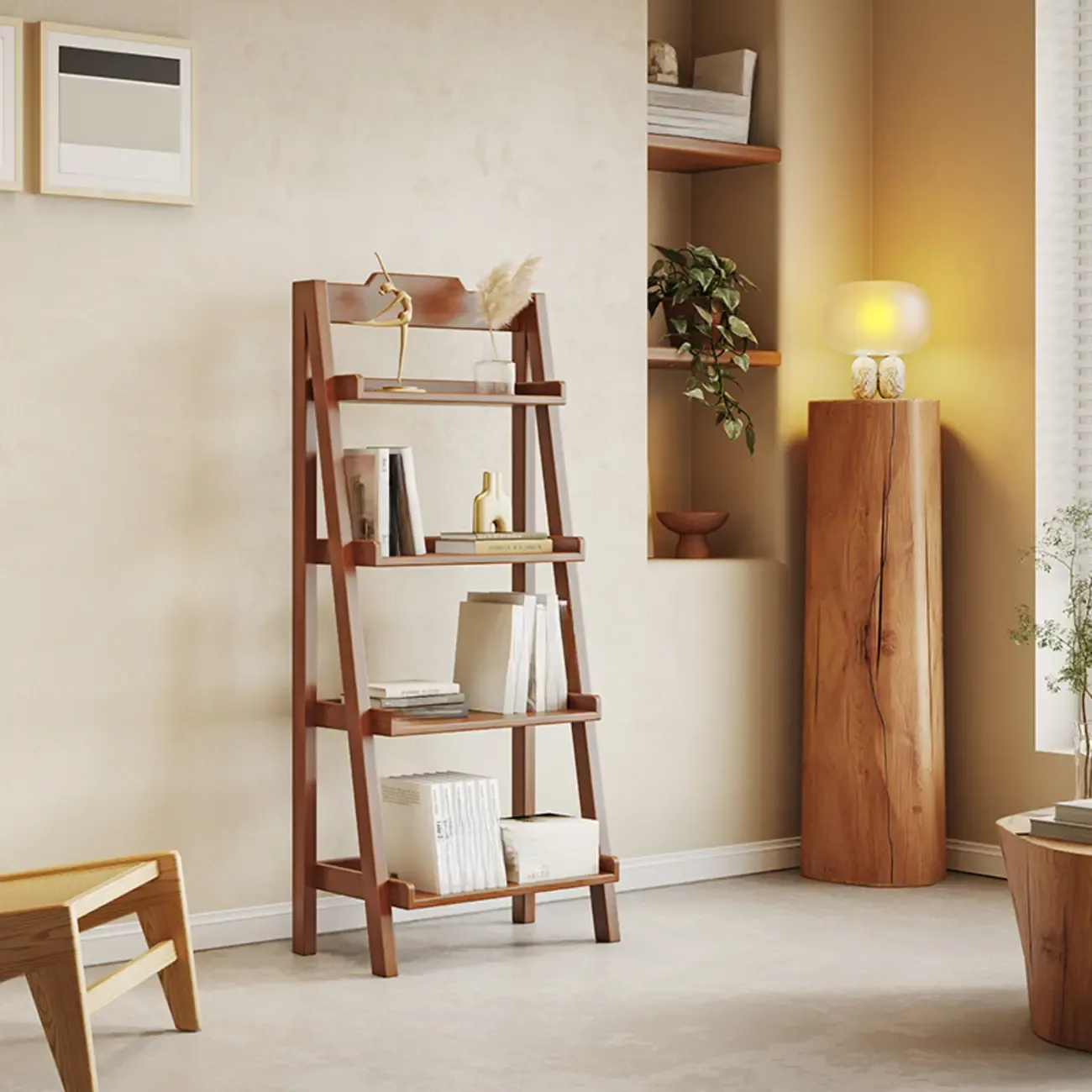 4-Tier Narrow Walnut Wood Ladder Bookcase for Bedroom