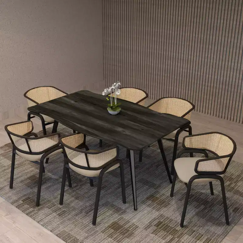 LeisureMod Ervilla Set of 4 Wicker Back Dining Chairs with Leather Seat and Black Steel Frame, Modern Indoor Kitchen, Dining Room, Table Seating