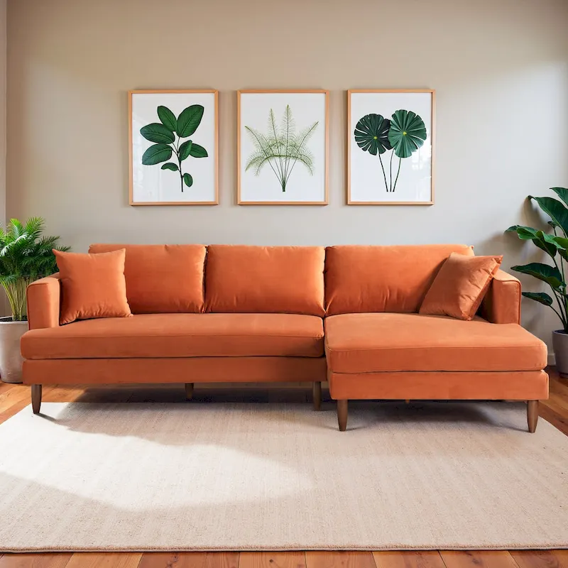 Diana Mid-Century Modern L-Shaped Pillow Back Velvet Sectional Sofa