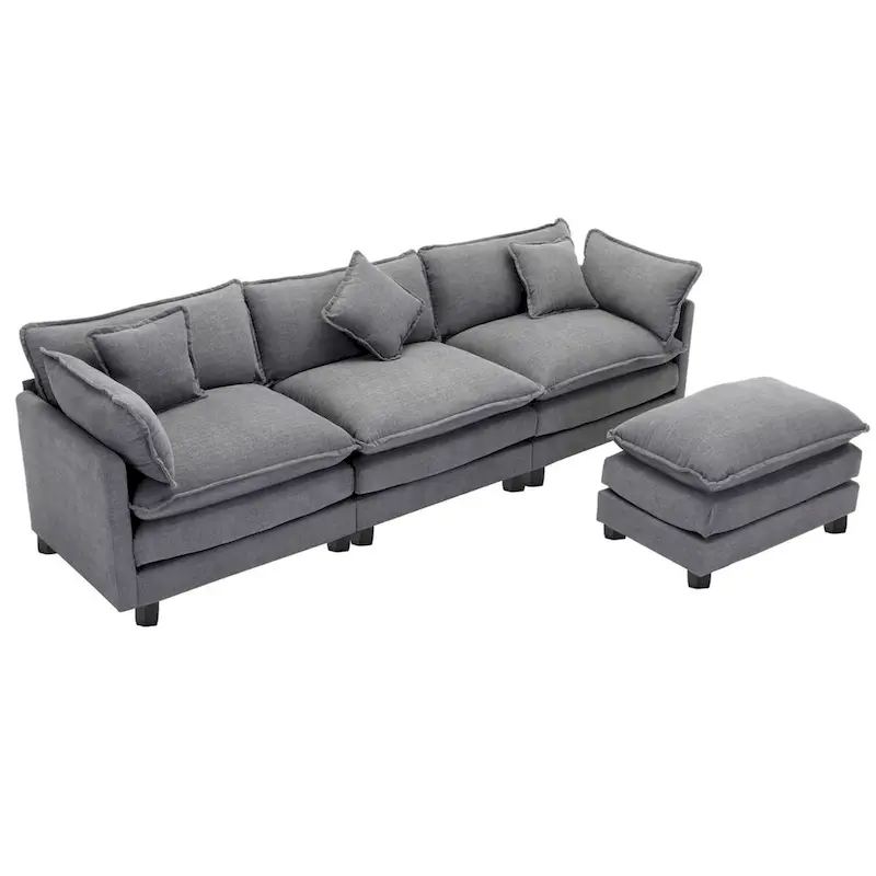 L-Shape Chenille Upholstered Sofa with Ottoman