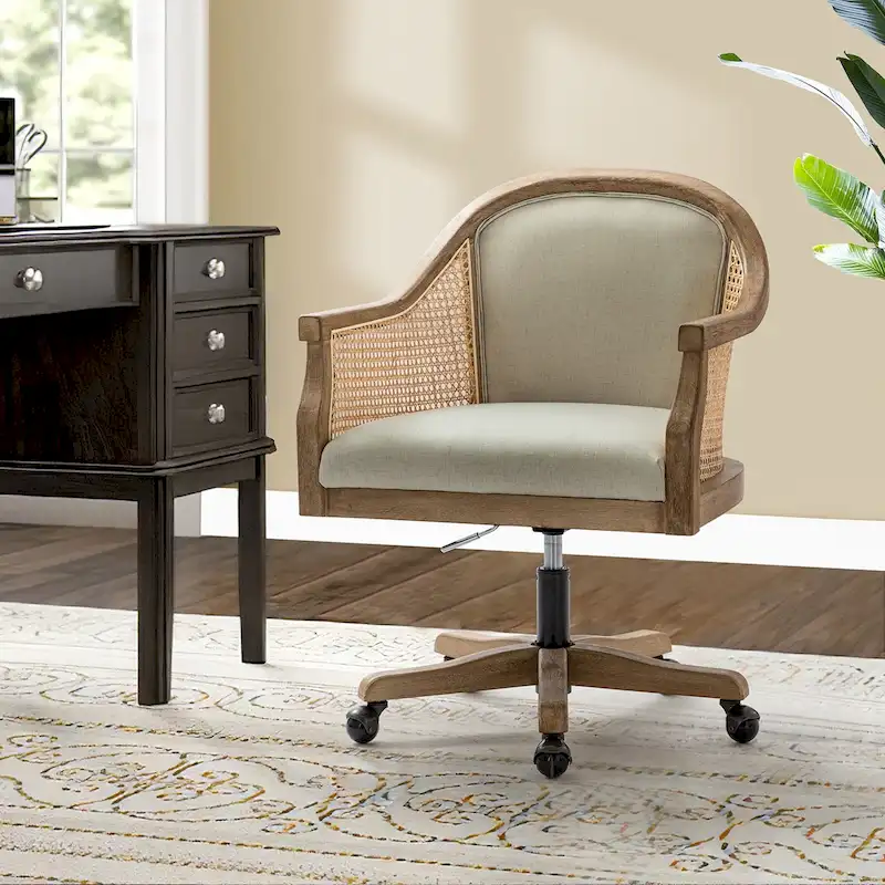 Farmhouse-Style Rattan Office Chair — 360° Swivel, Adjustable Height, Rubberwood Construction