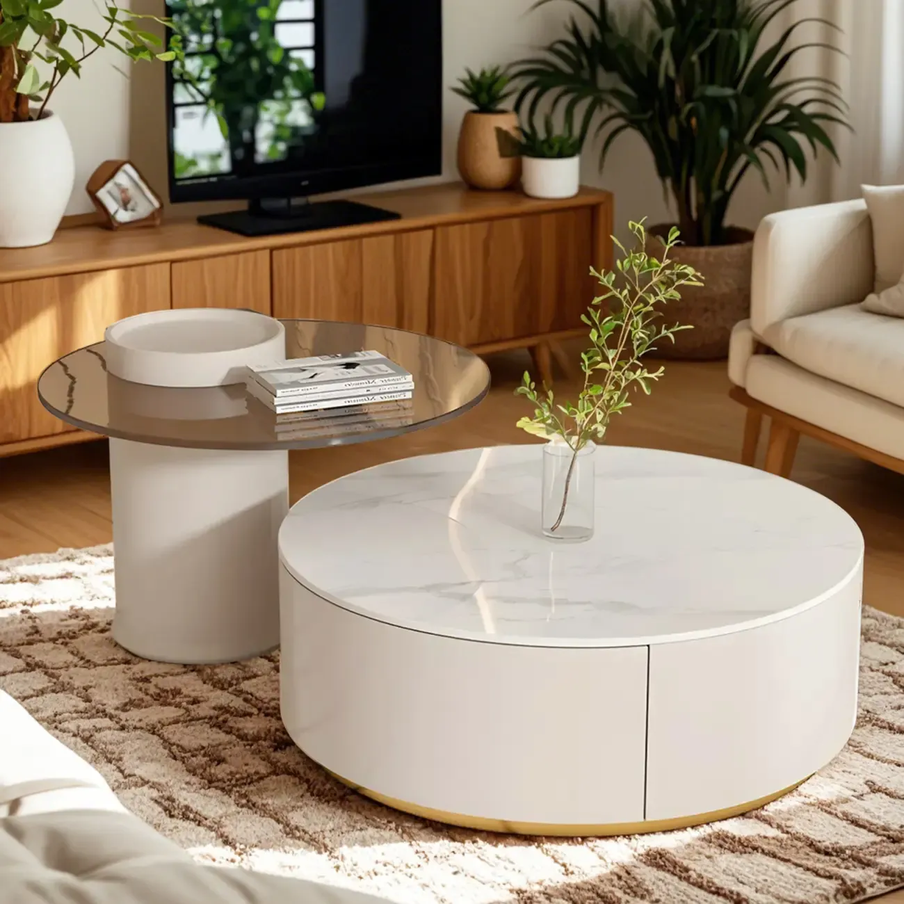 White Modern Round Drum Wood Drawer Coffee Table