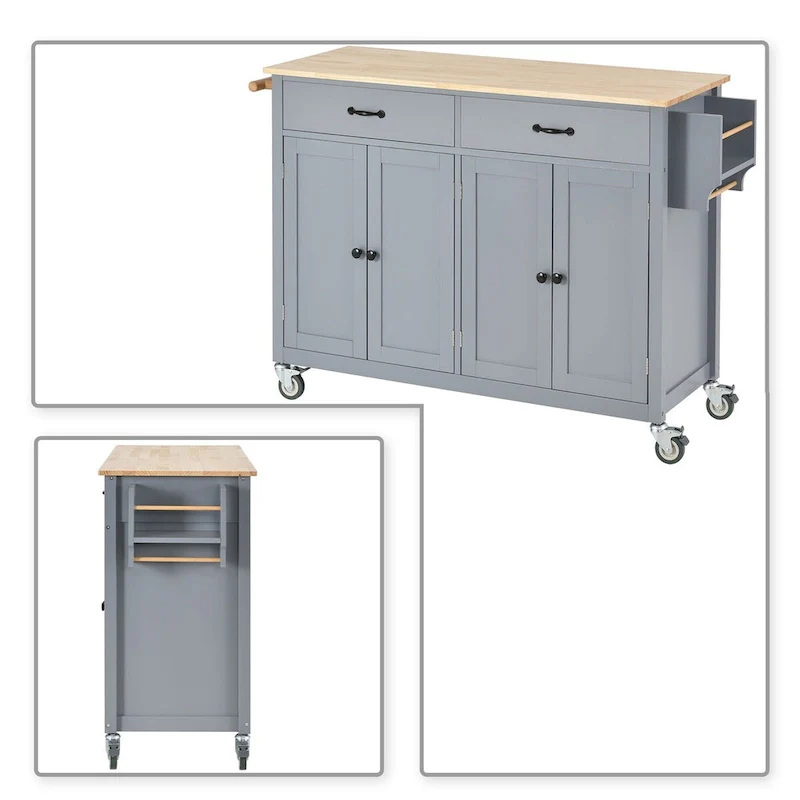 Classic Wooden Kitchen Island Cart with 2 Drawers, 2 Cabinets, a Towel Rack and a Spice Rack