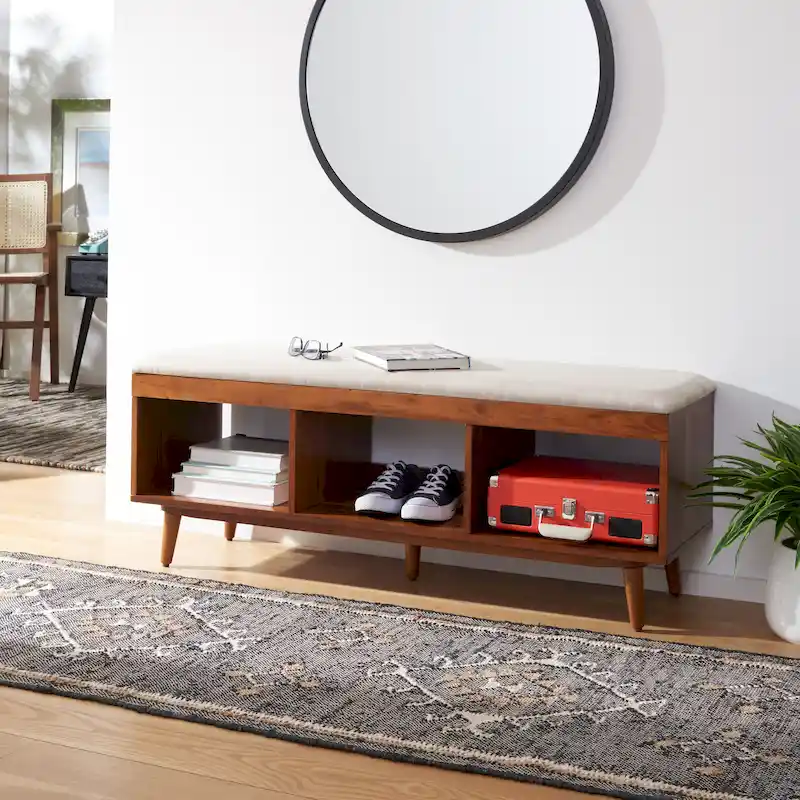 SAFAVIEH Margarita Mid-Century Modern Open Shelf Storage Bench w/Cushion - 48Wx14Dx18H