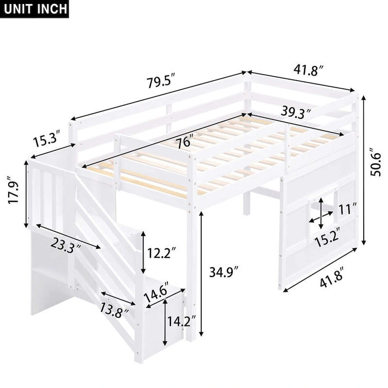 Twin Solid Wood Loft Bed with Storage Staircase