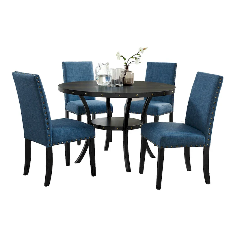 Mid-Century Modern Dining Table and Chair Sets Farmhouse Kitchen Dining Table Sets with Brass Nailheads and Metal Legs