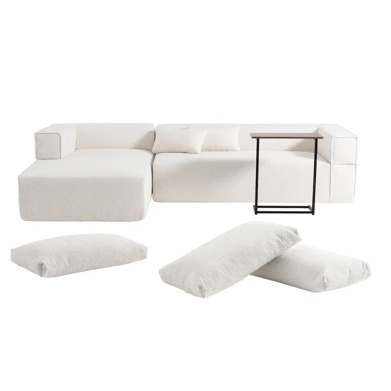 112 Boucle Modular Sectional Sofa with Free Side Table, Wide Seat Design and No Assembly Required