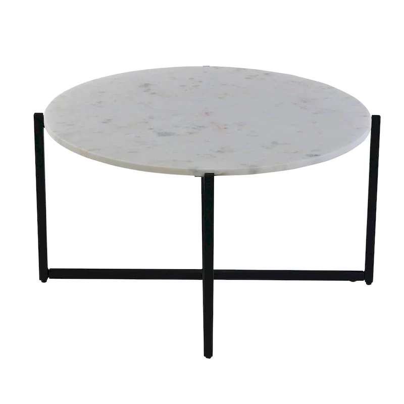 Ivy 30 Inch Marble Top Round Coffee Table with Metal Frame, White and Black
