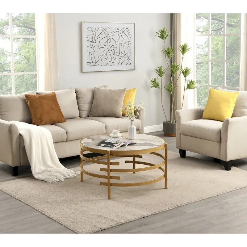 32.48 Modern Round Coffee Table with Sintered Stone Top & Sturdy Metal Frame