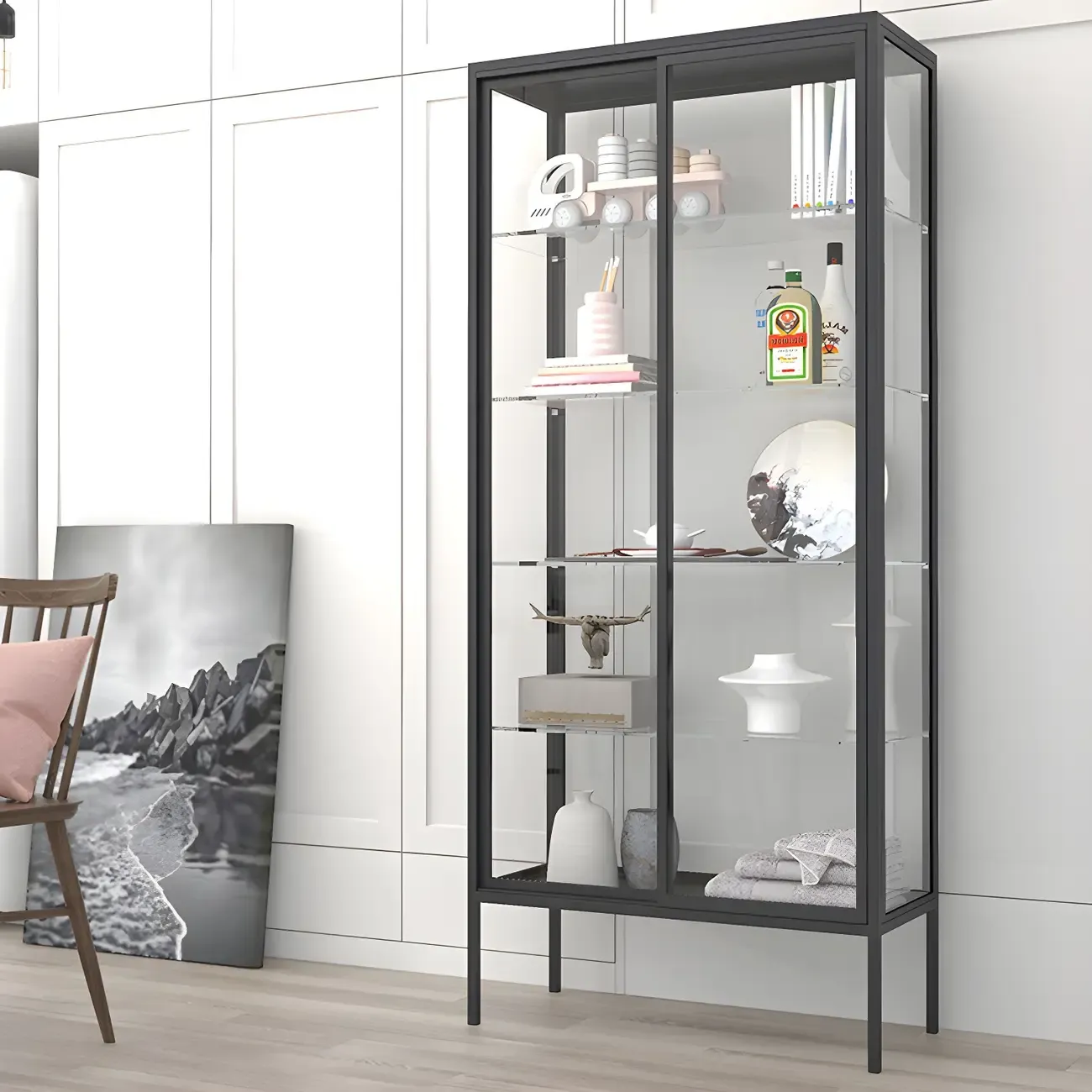 Black Metal Frame Glass Shelves Curio Cabinet