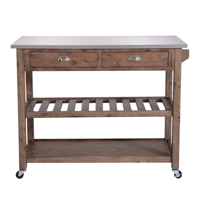 2 Drawers Wooden Kitchen Cart with Metal Top and Casters, Gray and Brown