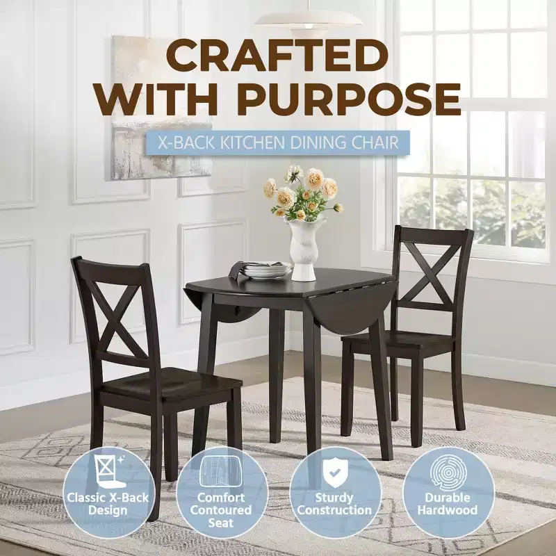 ROME + OAK X-Back Farmhouse Wooden Kitchen Dining Chair in Dark Brown, Set of 4