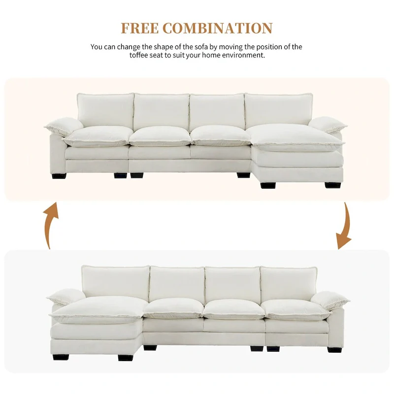 118*55  L-shaped Chenille Cloud Sofa with Double Seat Cushions, 5-seat Upholstered Sleeper Sofa Couch with Chaise Lounge