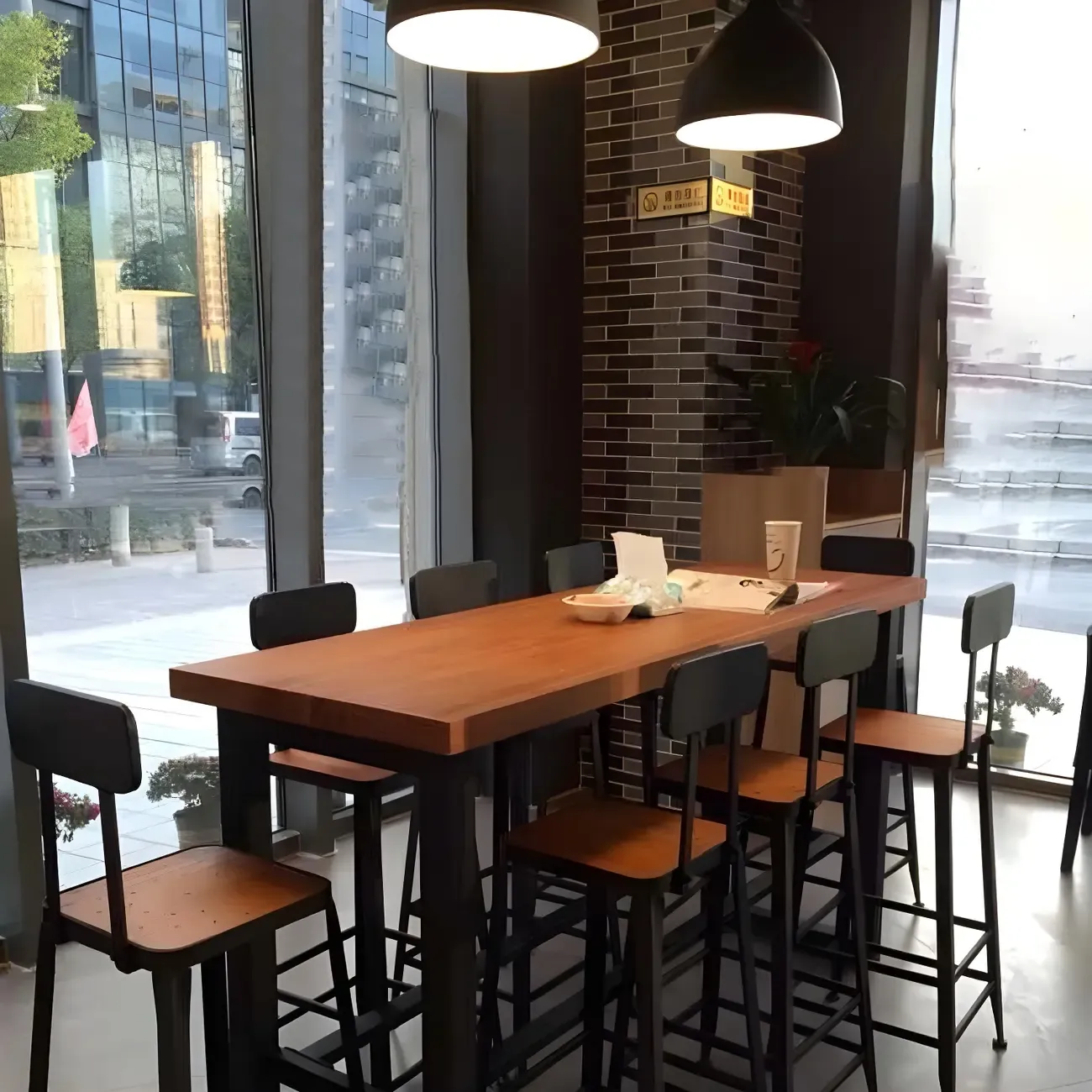 Rectangular Brown Wooden Long Bar Height Table