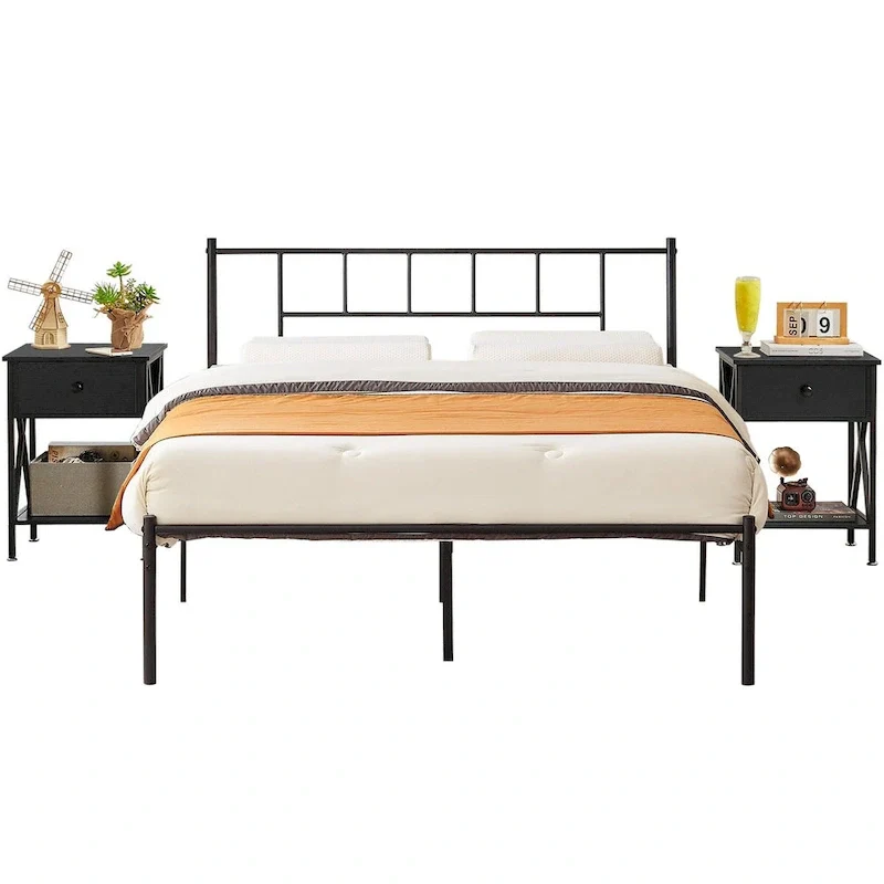 VECELO 3-Pieces Bed Frame with Wood Headboard and Modern Nightstands Set of 2