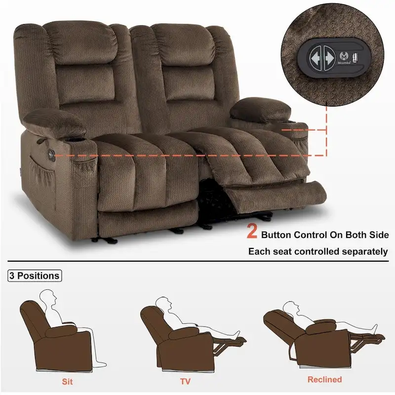 MCombo Power Reclining Loveseat Sofa with Heat and Massage, Fabric PR648