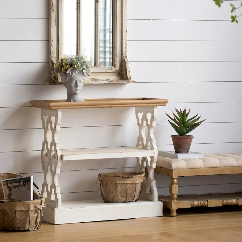 Distressed Wood Console Table with Shelf and Tray Top