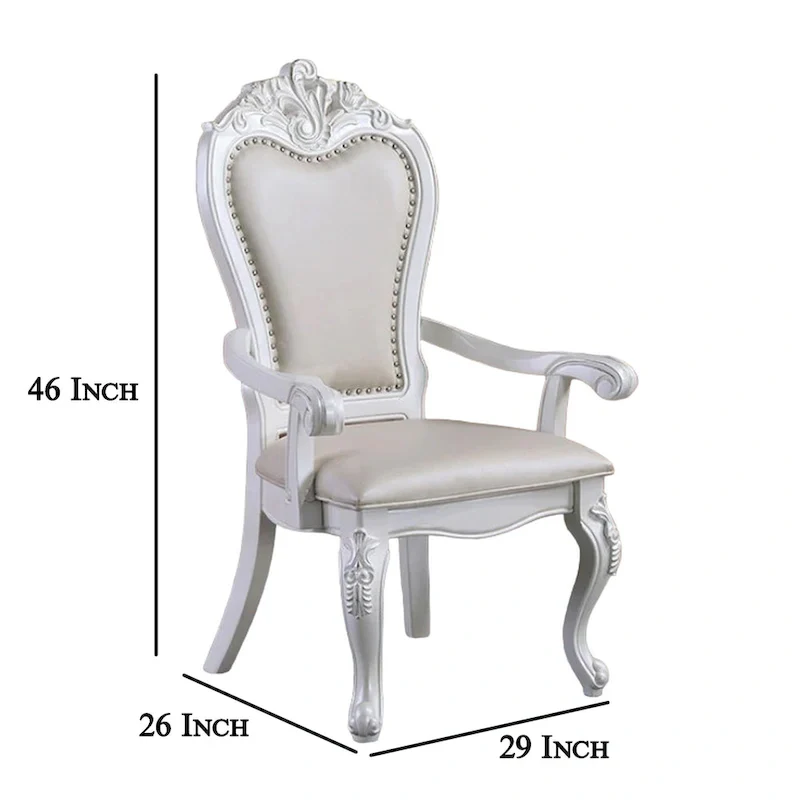 Dining Armchair Set of 2, Carved Cabriole, Faux Leather, White Wood