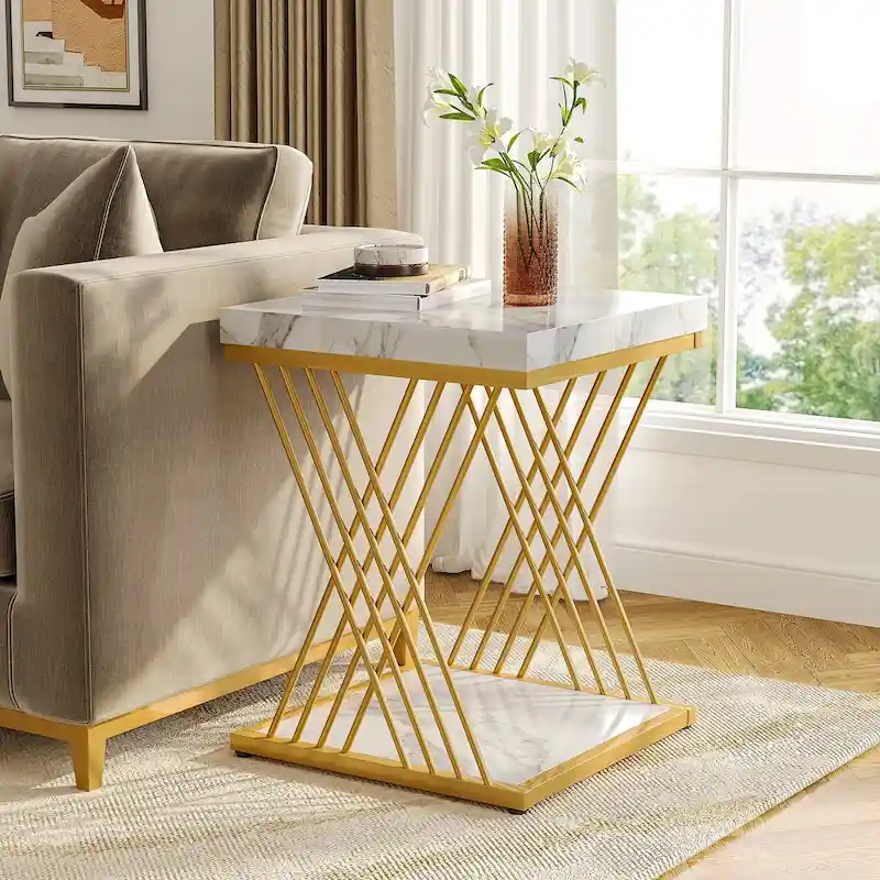19.75 Inch Faux Marble Square End Table, Modern Bedside Tables, Gold Accent Table Living Room