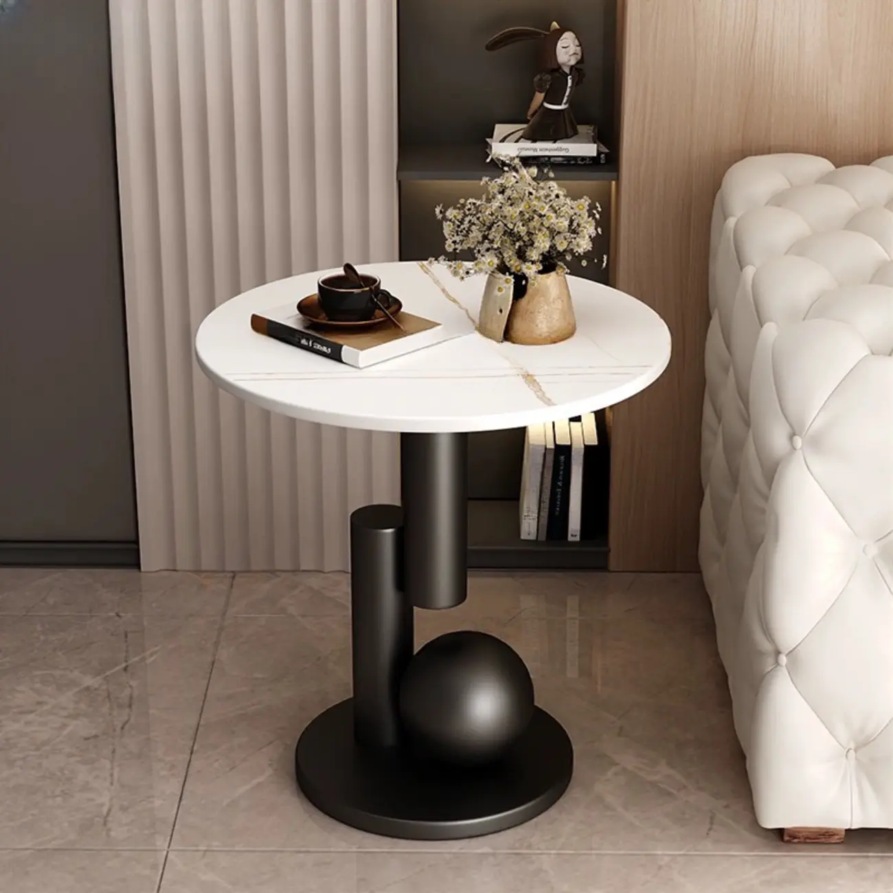 Glam Round Stone Top End Table Abstract Base