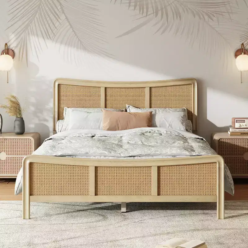 Natural Boho Rattan Platform Bed with Adjustable Headboard, Queen/King, 1-Person