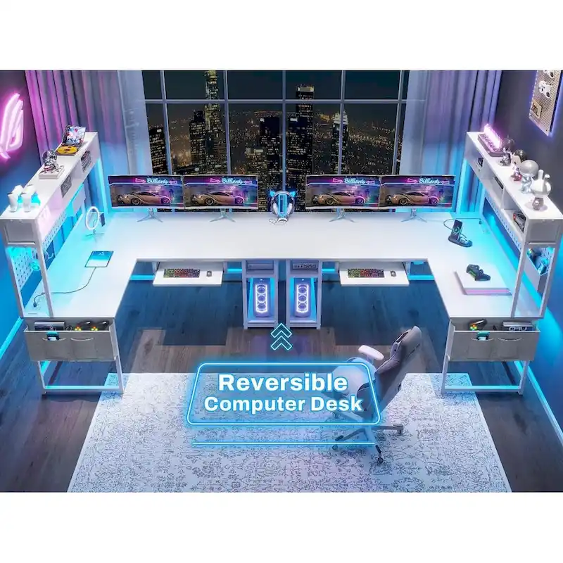 Reversible Computer Desk L Shaped Gaming Desk with Hutch LED Light