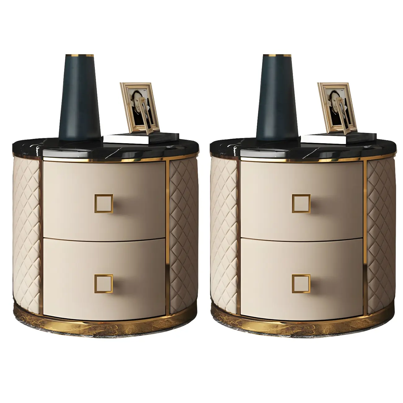 Glam Round Leather Nightstand with Marble Countertop 2 Drawers