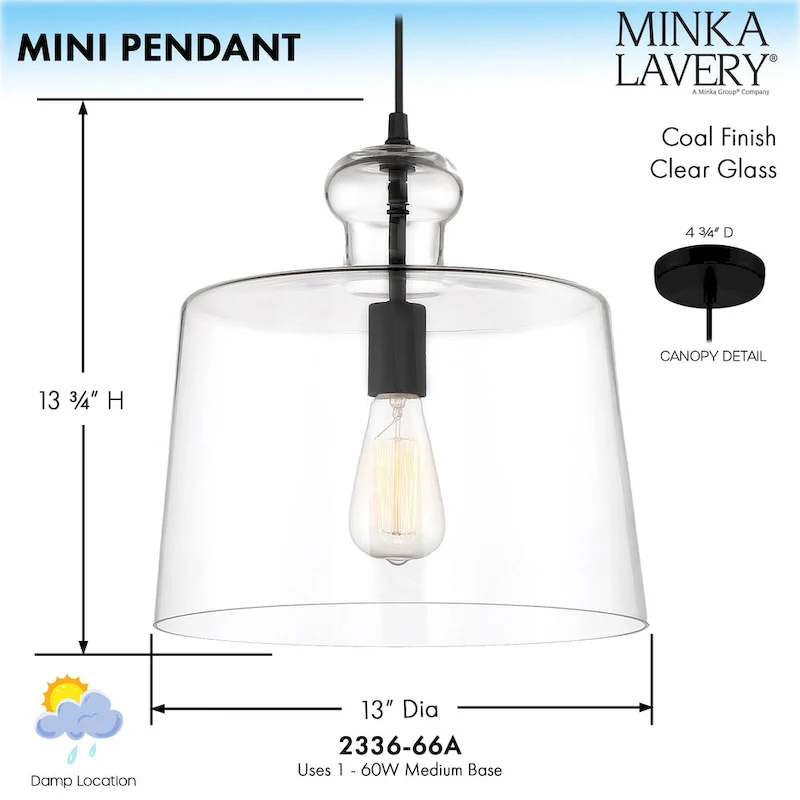 Minka Lavery Clarity Coal & Clear Glass 1 Light Pendant