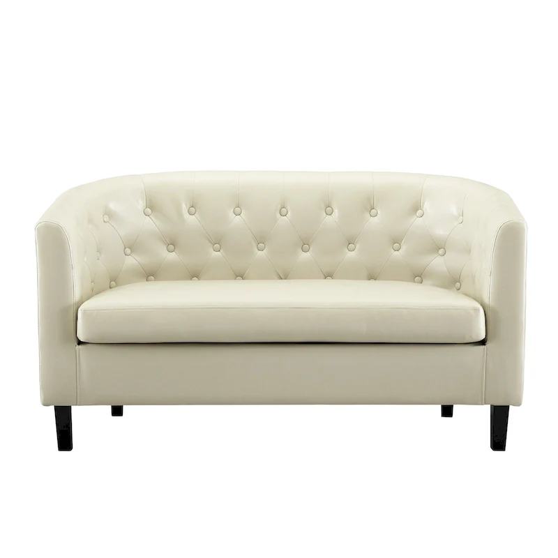 Midcentury Modern Button Tufted Faux Leather Barrel Loveseat - Comfy Tub Loveseat Sofa