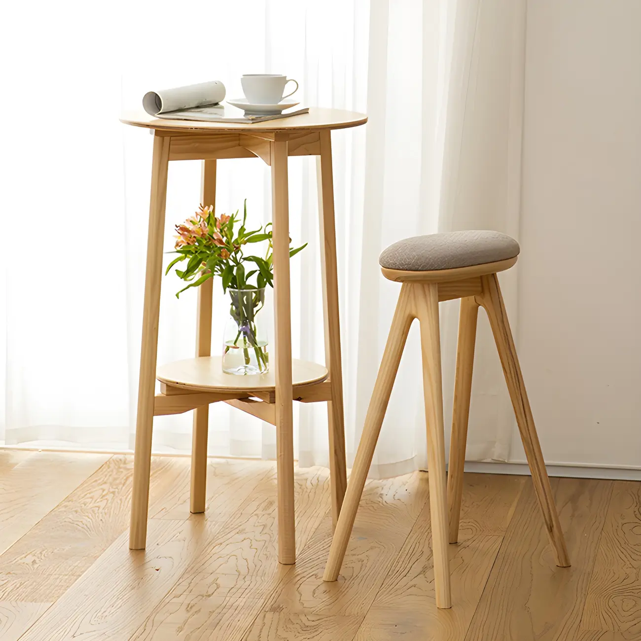Scandinavian Round Natural Ash Wood Shelf Bar Tables