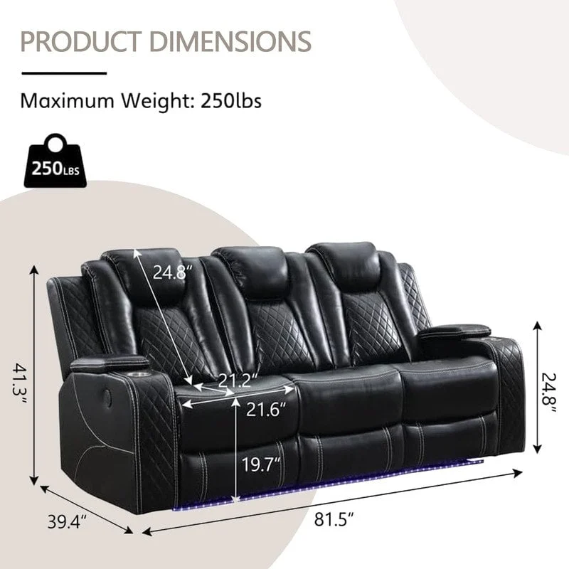 Power Reclining Sofa with Wireless Charger & LED Light – Faux Leather, Black