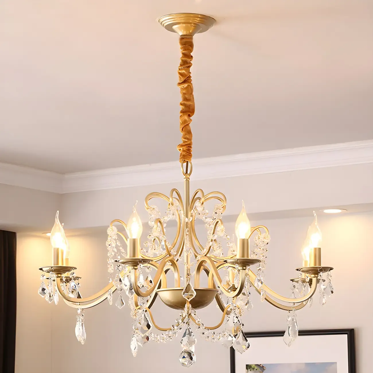 French Curved Arms Gold Crystal Candelabra Chandeliers