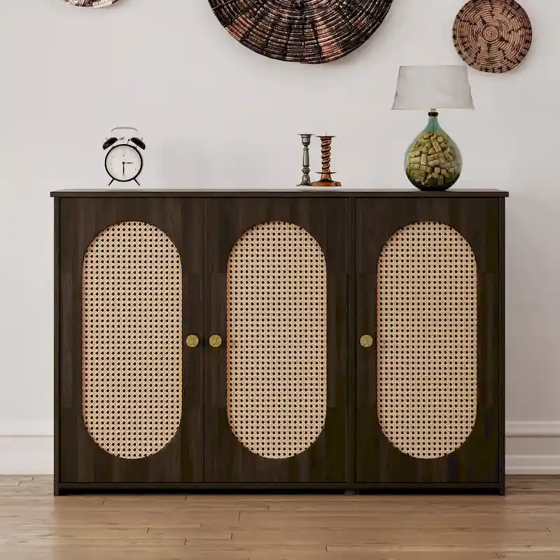 Rattan Doors and Metal Handles Sideboard with Large Storage Space
